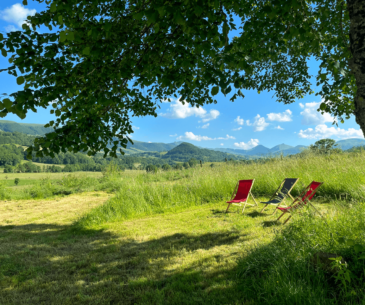 Vaste jardin de Cresta Domi avec vue imprenable sur le Puy Mary, cadre verdoyant et paisible dans le Cantal