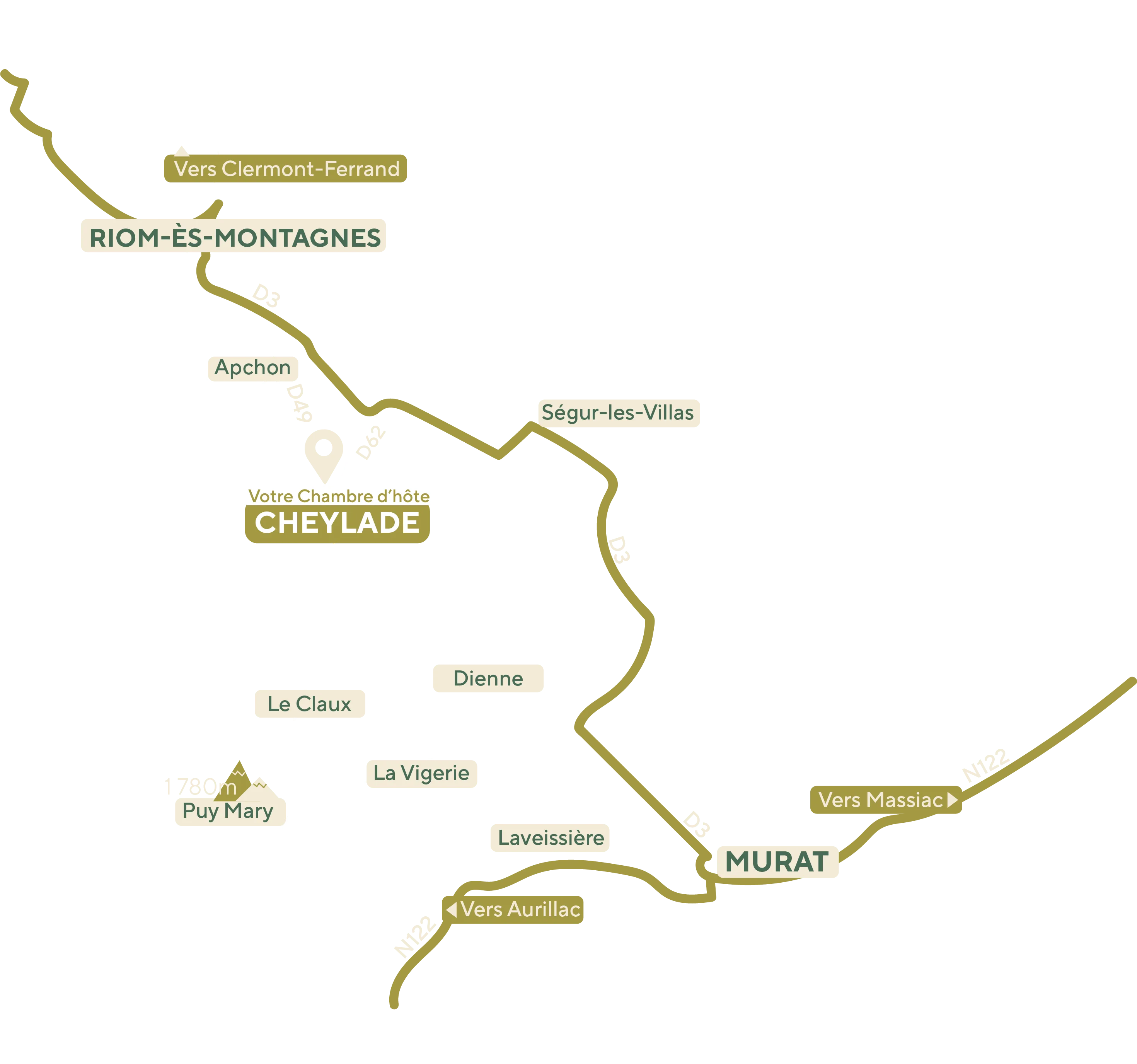 Carte d'accès à Cresta Domi, indiquant l'emplacement des chambres d'hôtes au cœur de la vallée de Cheylade, près du Puy Mary dans le Cantal.